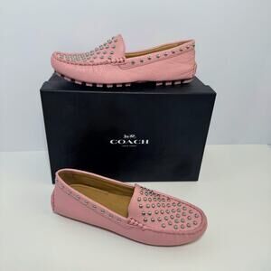 Coach Arlene Studded Pebbled Leather Driving Loafers Pink Slip On Flats